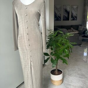 Olive-Champagne Contour Dress–Deep Slit Elegance, Turkish Craft